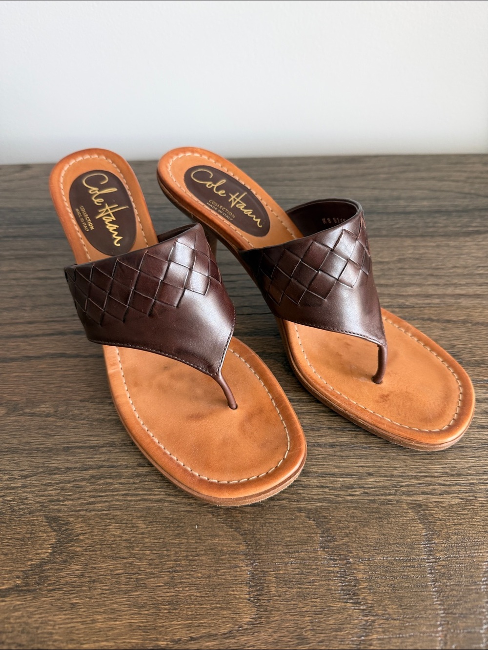Cole Haan Brown Woven Leather Thong Sandals